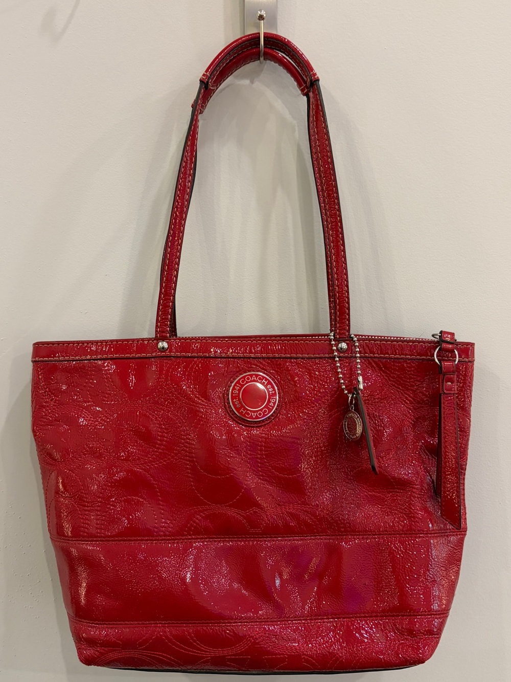 Coach Red Patent Leather Tote with Signature Motif